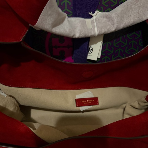 Authentic Tory Burch Slouch Suede Shoulder Bag Red - Picture 7 of 14